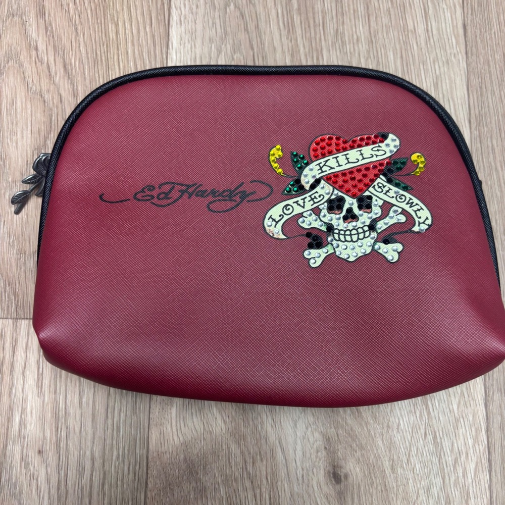 Ed Hardy Love Kills Slowly Rhinestone Makeup Bag Burgundy Red Skull Rose Pouch